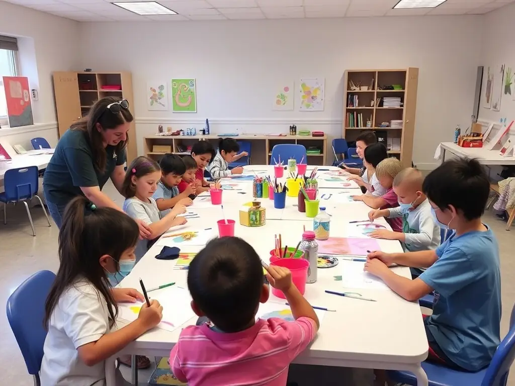 An image showing children participating in an art workshop organized by COMITE D ANIMATION DE CHARRON, with instructors guiding them in various creative activities.