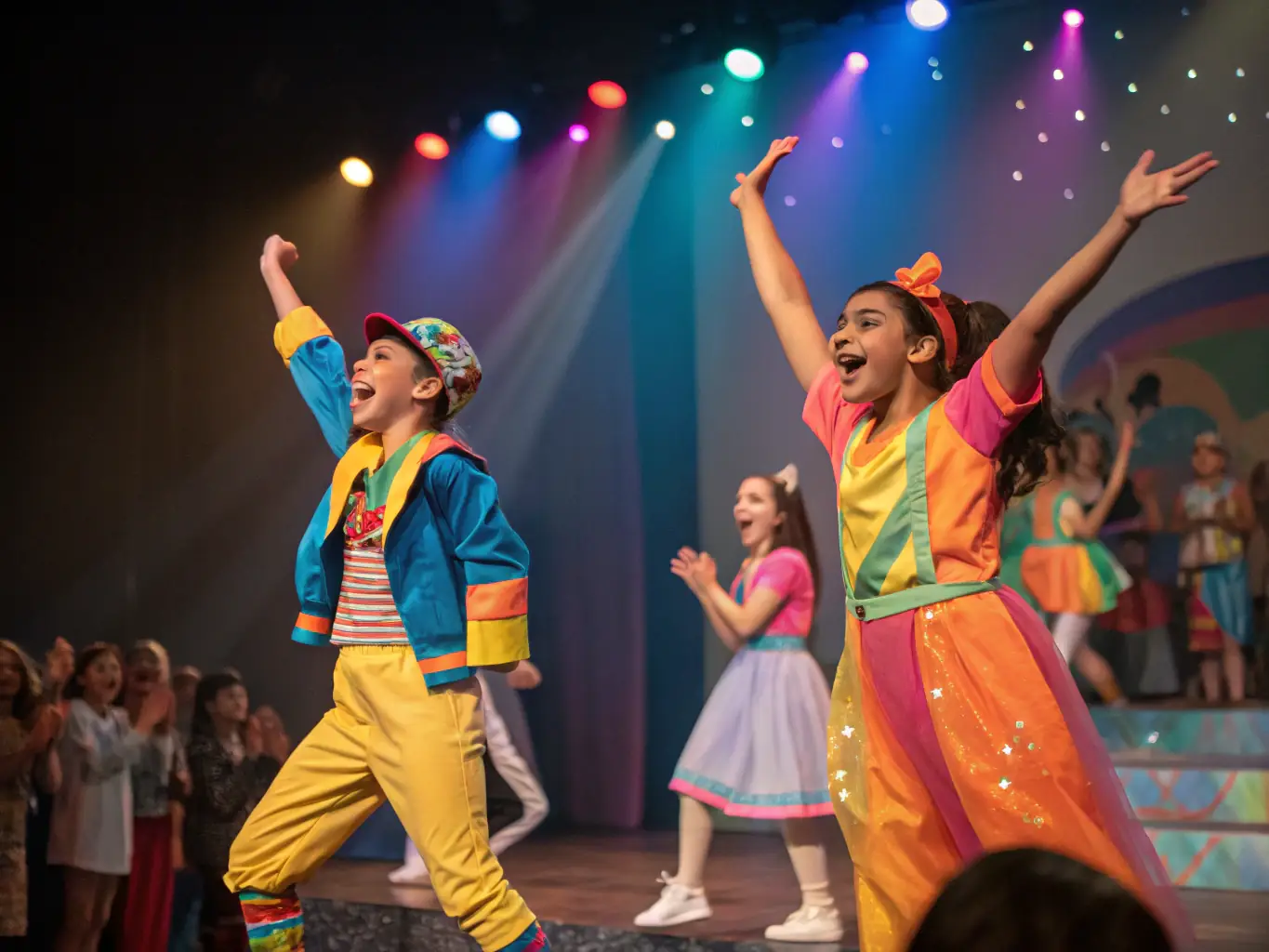 A photograph capturing a community theater performance supported by COMITE D ANIMATION DE CHARRON, featuring local actors and a captivated audience.