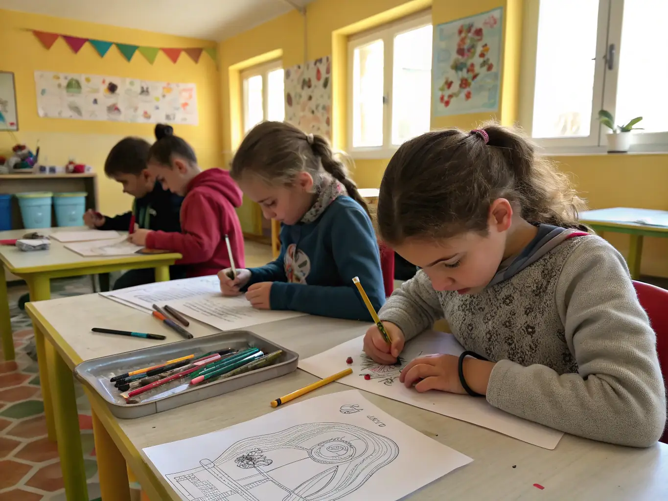 An image showing children participating in an art workshop organized by COMITE D ANIMATION DE CHARRON, highlighting the organization's commitment to cultural education and youth engagement.