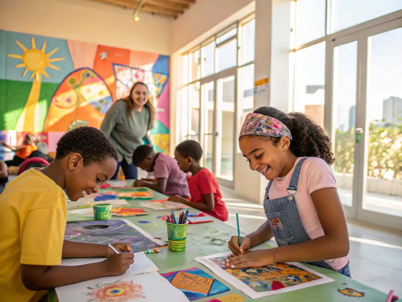 An image showing children participating in an art workshop organized by COMITE D ANIMATION DE CHARRON, with instructors guiding them in various creative activities.