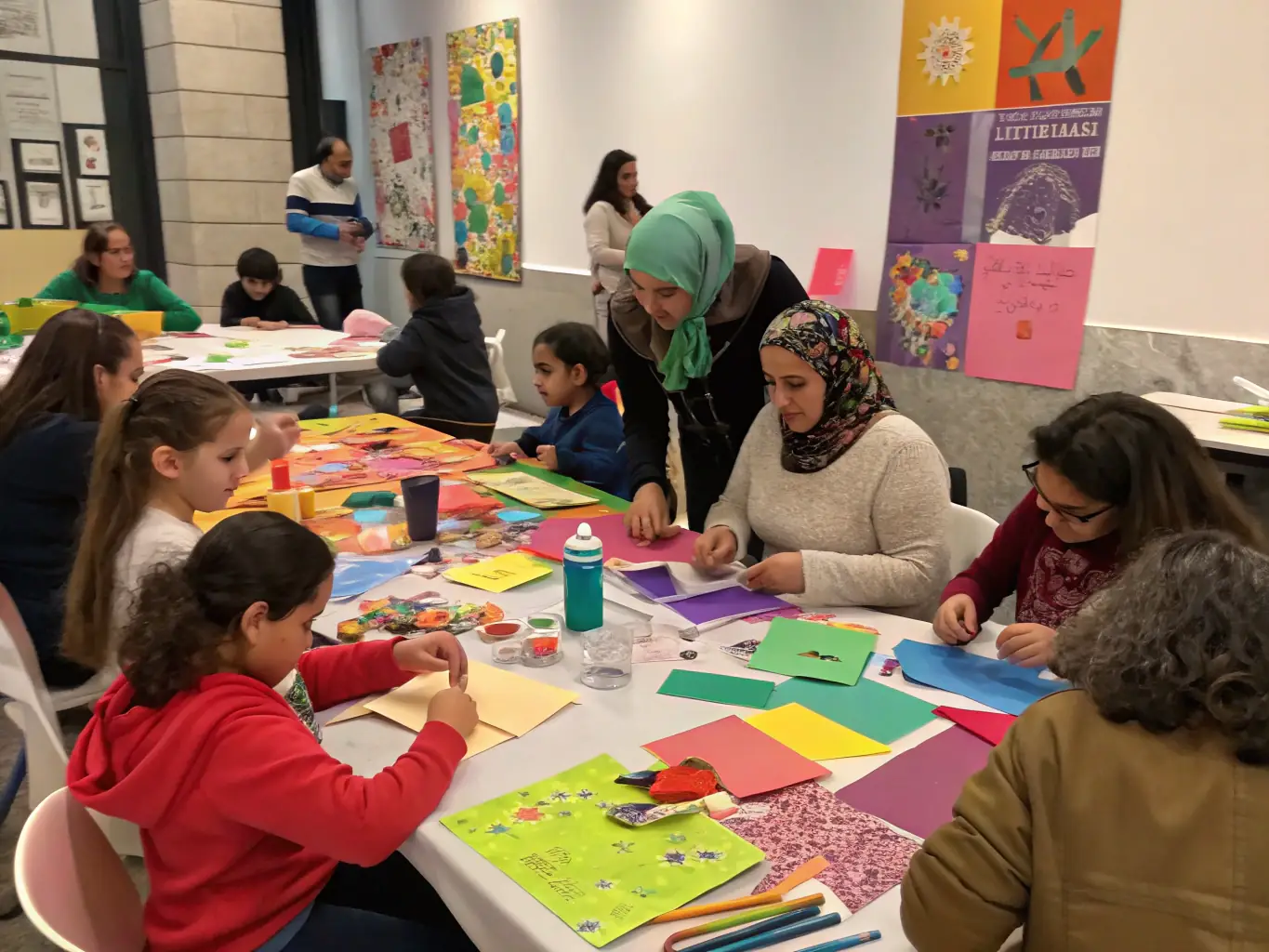 An image showing participants of all ages engaged in an art workshop organized by COMITE D ANIMATION DE CHARRON, with paintbrushes and colorful artwork visible.